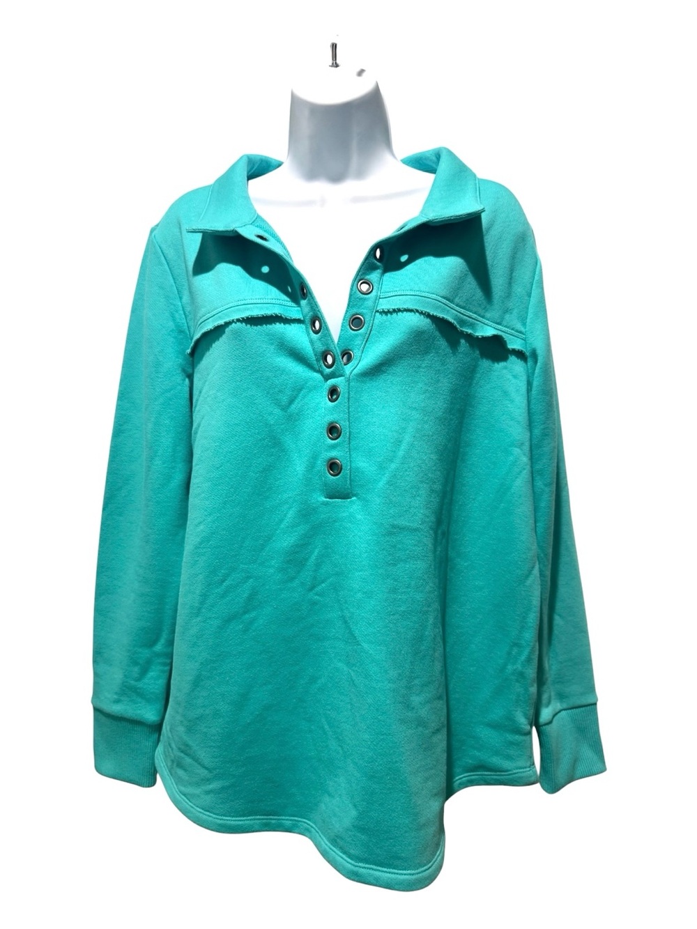 Soft Surroundings Teal Grommet Neck Pullover Top Size M